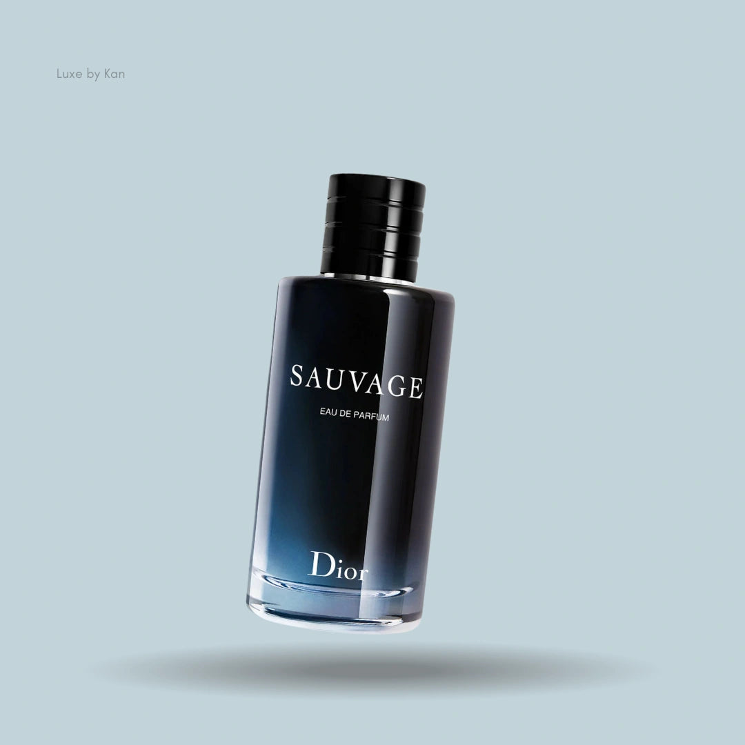 Dior Sauvage Eau de Parfum bottle with a sleek gradient design, fading from deep black at the top to clear at the base.