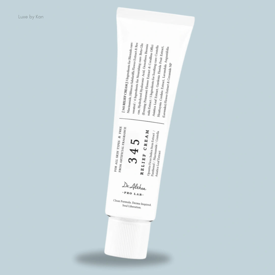Dr. Althea 345 relief cream tube displaying ingredients and product details.