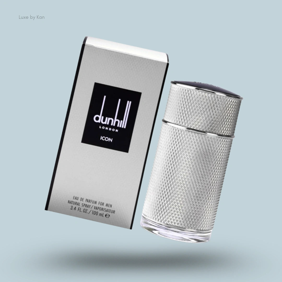Dunhill Icon Eau de Parfum for men, silver bottle with textured design alongside its silver box with a black Dunhill logo.