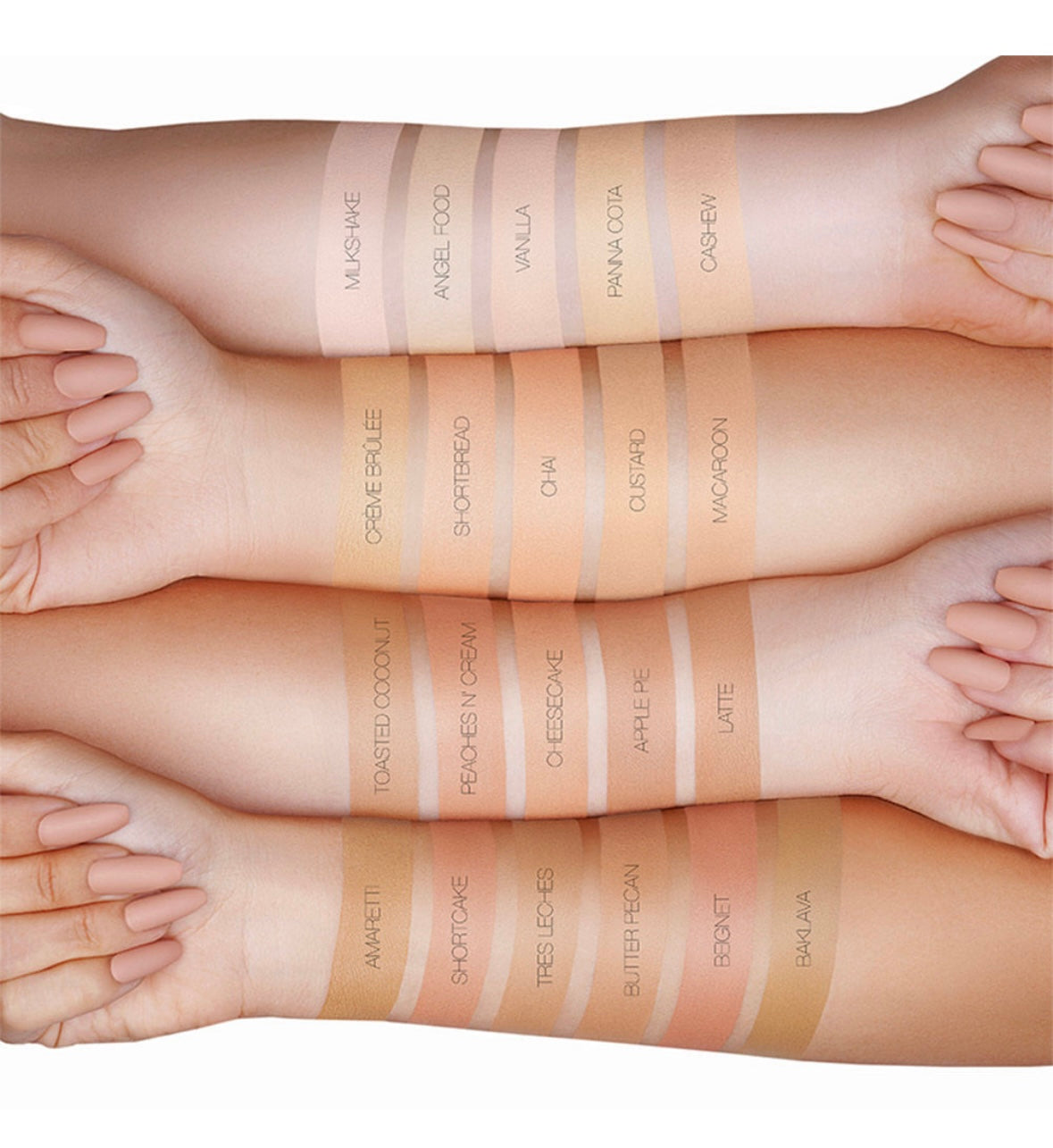 Eight arms display various skin tones, each labeled with dessert-inspired names for foundation shades.
