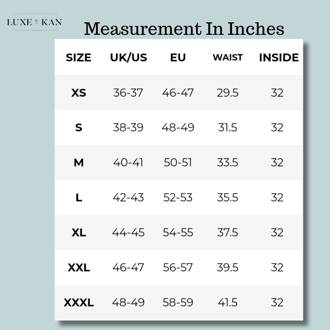 Size measurement chart in inches for clothing ranging from XS to XXXL, detailing UK/US size, EU size, waist, and inside length.