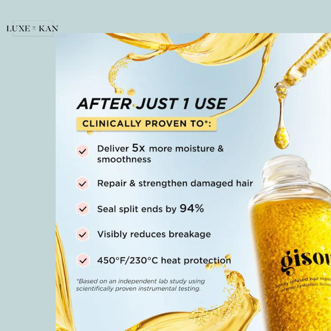 Benefits of Gisou hair oil: boosts moisture, repairs damage, seals split ends, reduces breakage, and offers heat protection.