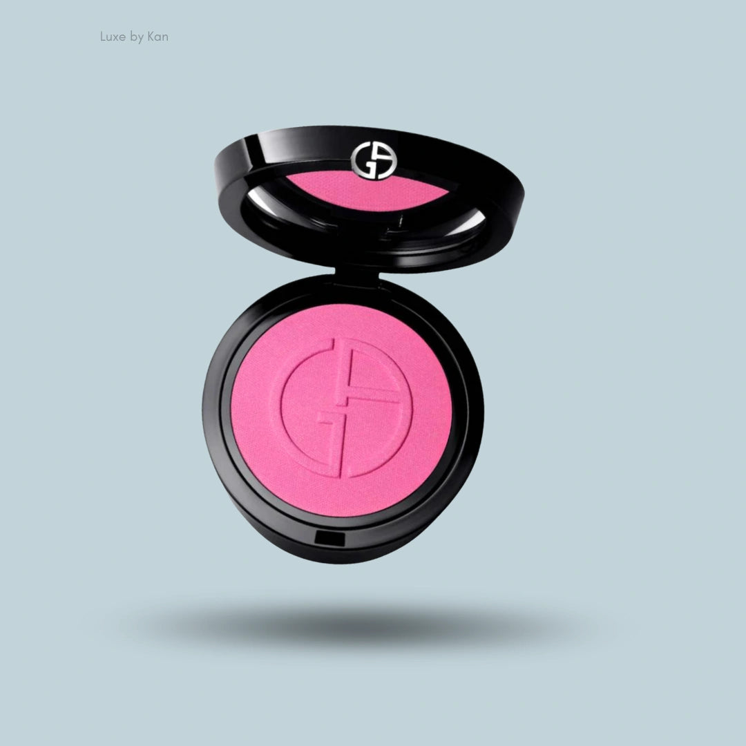 Giorgio Armani Luminous Silk Glow Blush featuring a soft pink powder housed in a sleek black compact.