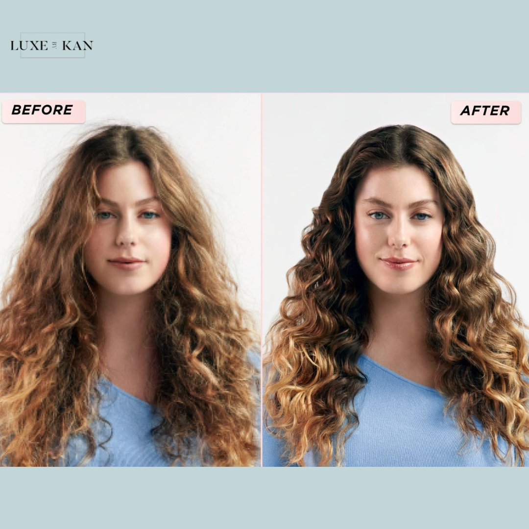 Gisou Honey Infused Hair Mask comparison of hair, showcasing a transformation from frizzy, unstyled curls on the left to defined, shiny waves on the right.
