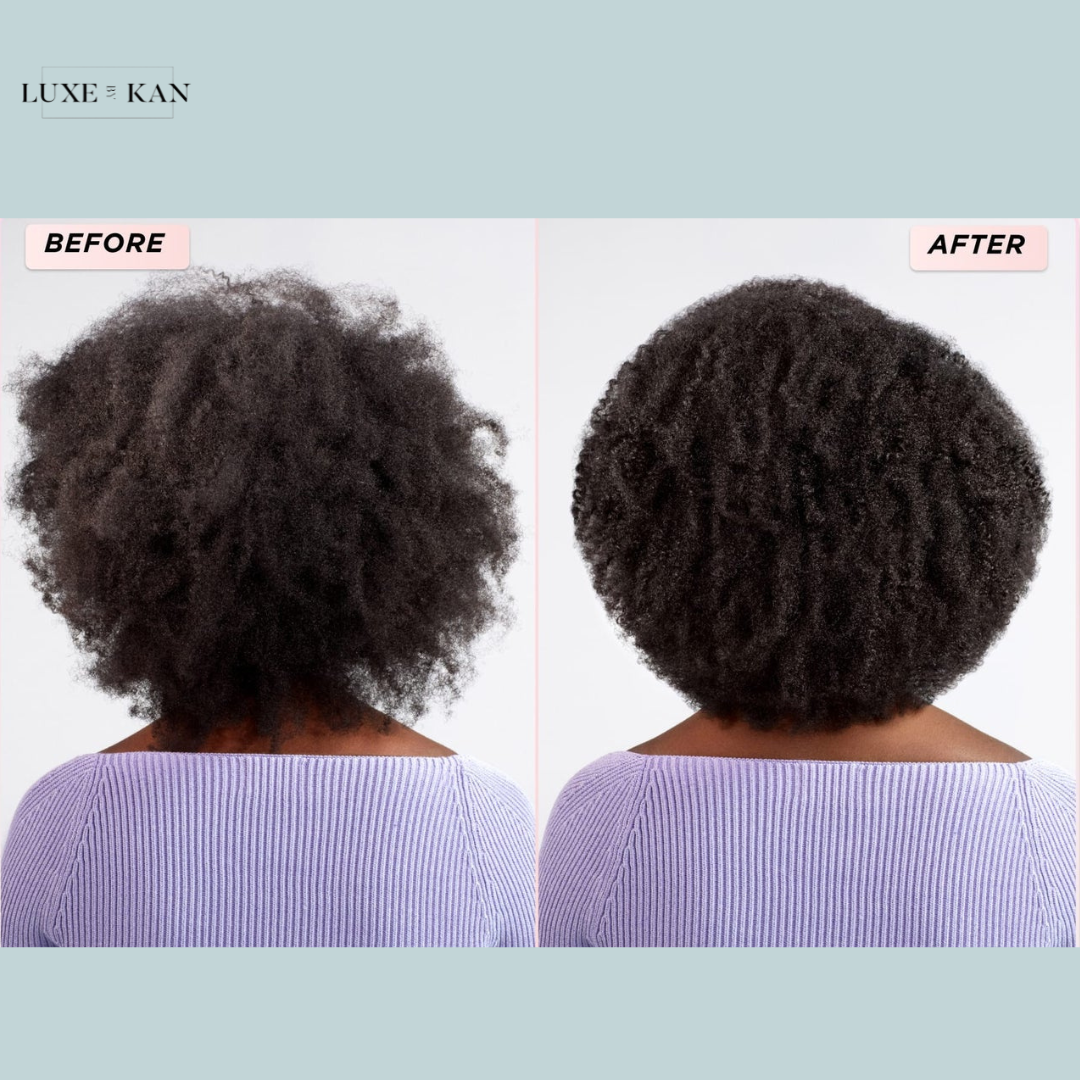 Gisou Honey Infused Hair Mask showcasing a transformation from frizzy to well-defined curls labeled "Before" and "After."