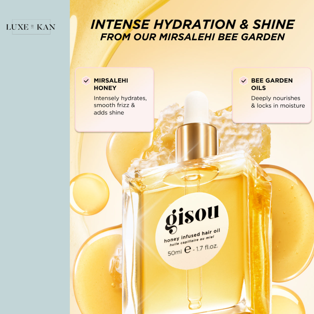 Gisou honey-infused hair oil with highlights on its benefits: intense hydration, frizz smoothing, and moisturizing oils.