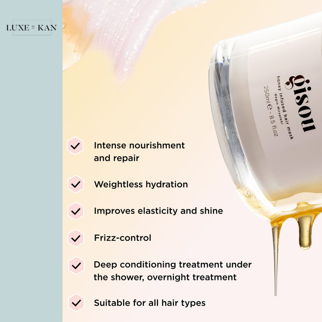 Gisou honey-infused hair mask with benefits listed: nourishment, hydration, elasticity, frizz control, and suitability for all hair types.