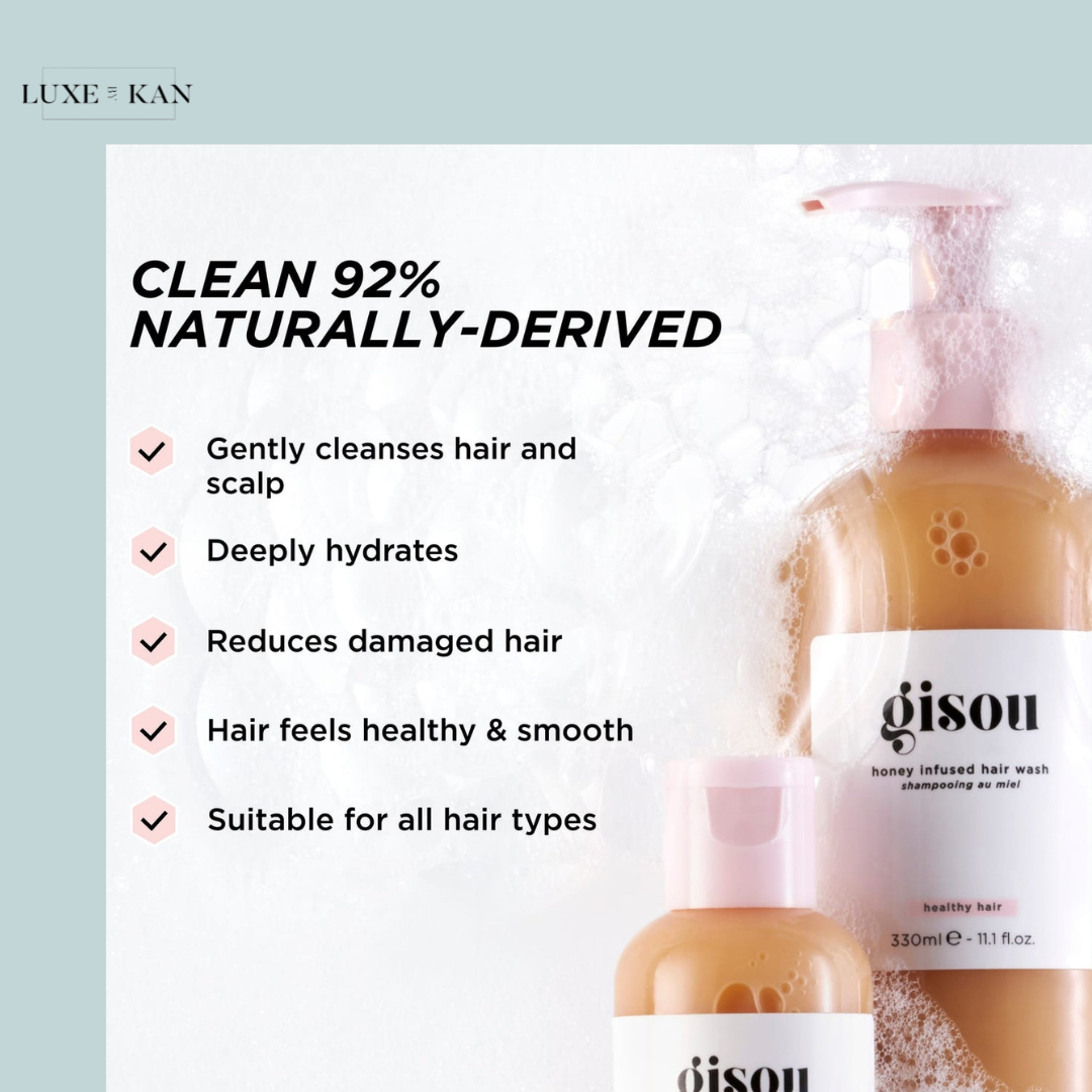 Gisou honey-infused hair wash, highlighting its natural cleansing, hydrating, and damage-reducing benefits for all hair types.