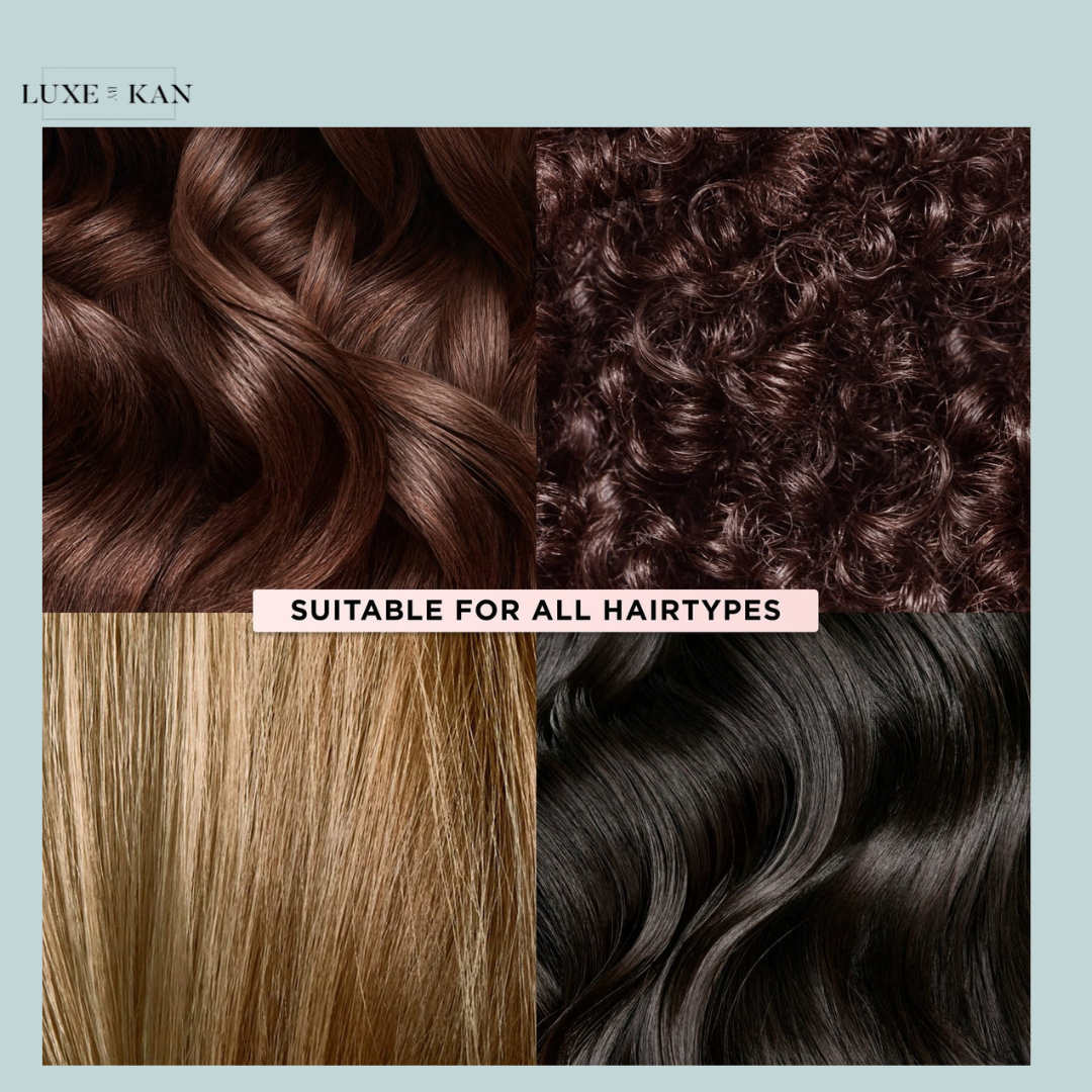 Four hair textures: wavy brown, curly dark, straight blonde, and sleek black, with the text "Suitable for All Hairtypes" in the center.