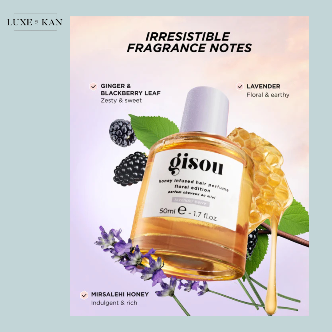Gisou's floral edition honey-infused hair perfume, highlighting its fragrance notes: ginger, blackberry, lavender, and Mirsalehi honey.