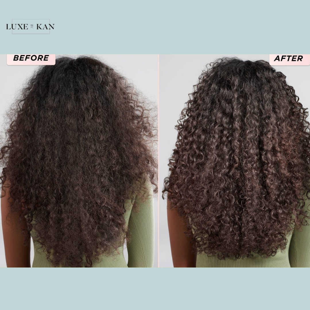 Gisou comparison of curly hair, labeled "Before" on the left and "After" on the right, showcasing defined curls.