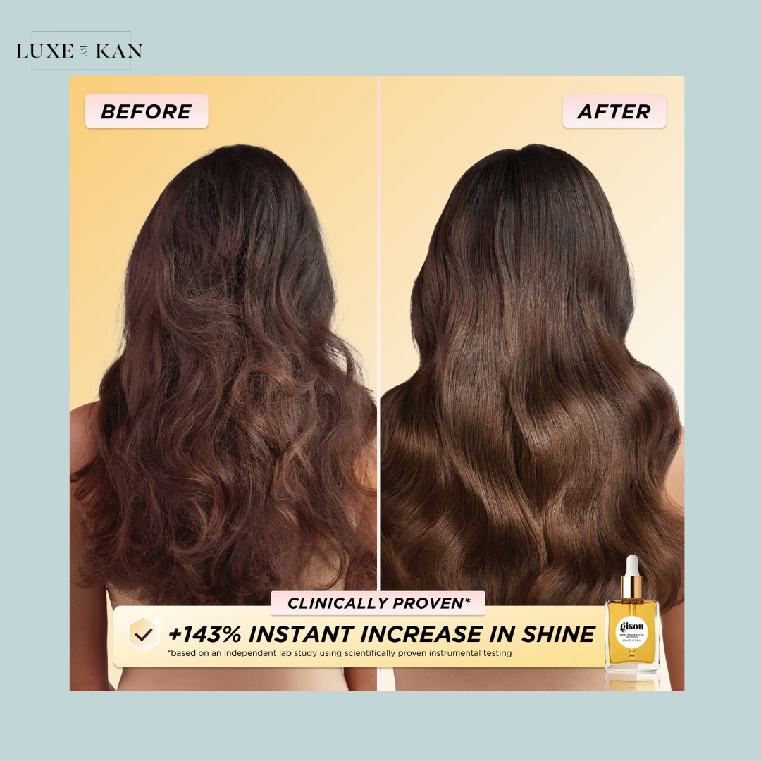Gisou comparison of hair before and after treatment, showcasing a stunning increase in shine and smoothness.