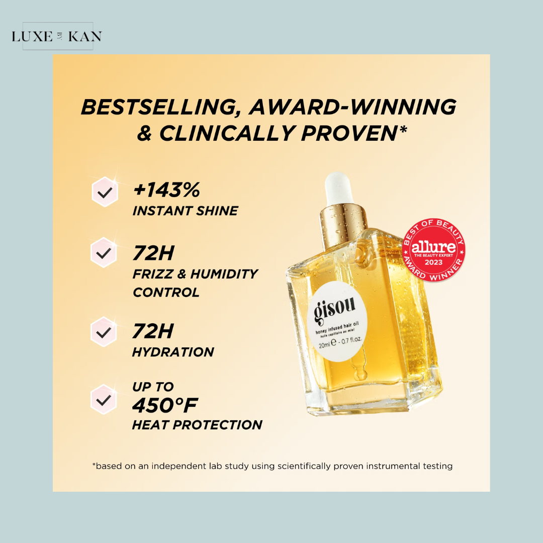 Gisou's honey-infused hair oil with claims of shine, frizz control, hydration, and heat protection.