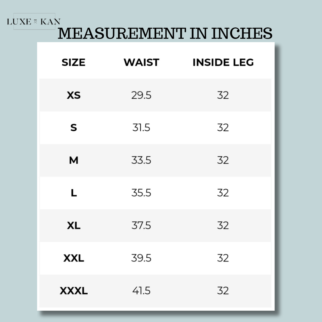 Table displaying clothing size measurements: waist and inside leg lengths in inches, ranging from XS to XXXL.