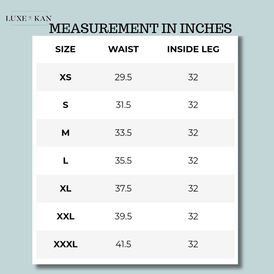 Size chart displaying waist and inside leg measurements in inches for sizes XS to XXXL.