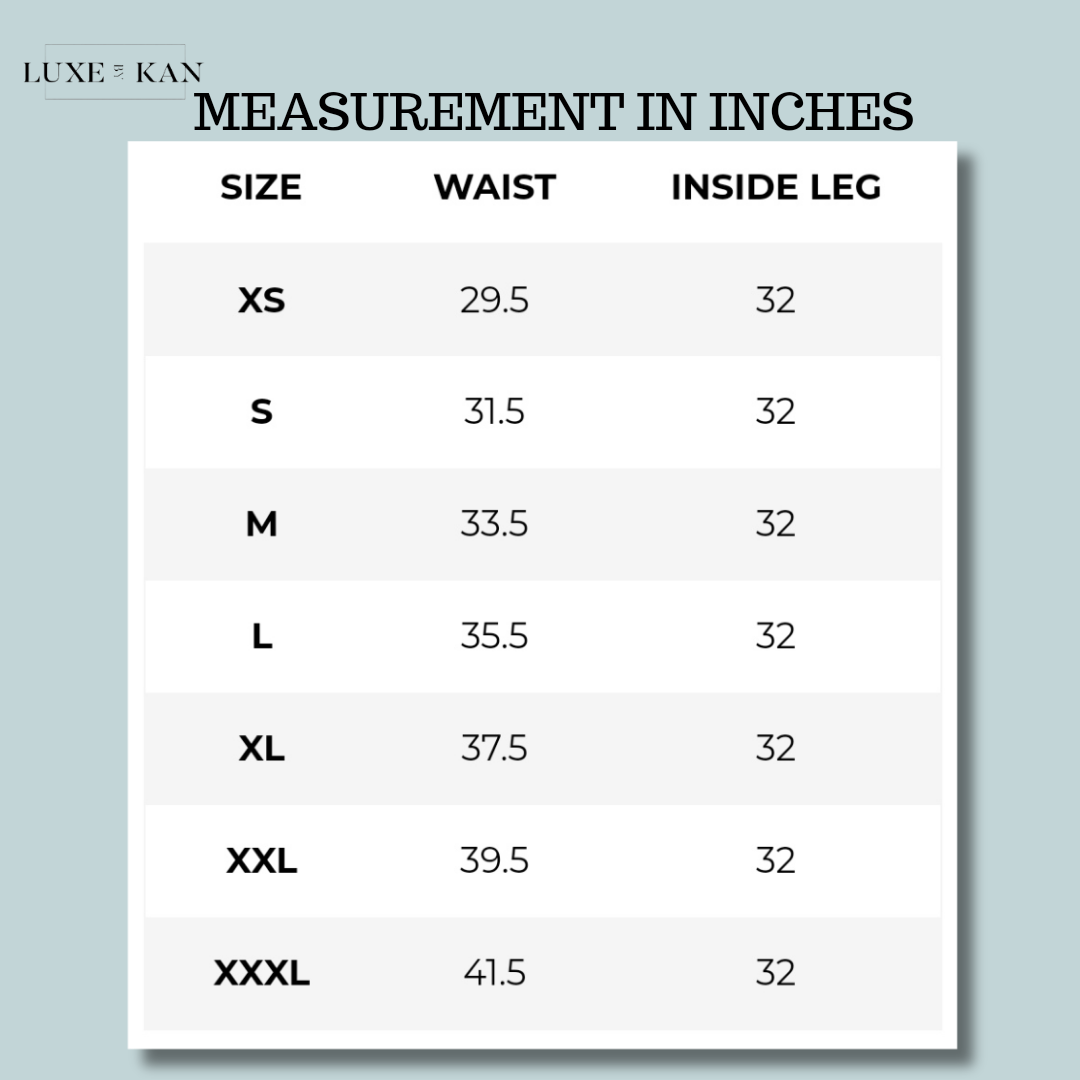 A size chart displaying waist and inside leg measurements in inches for clothing from XS to XXXL.