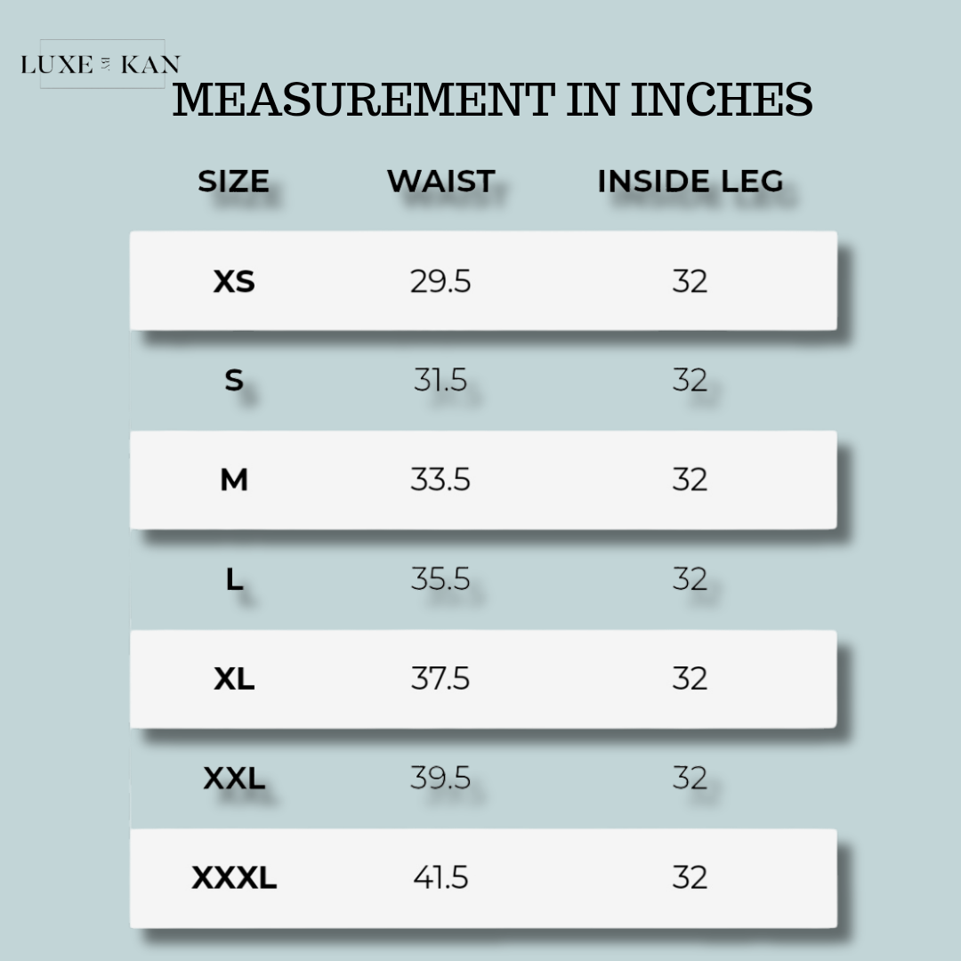 A size chart displaying waist and inside leg measurements in inches for XS, S, M, L, XL, XXL, and XXXL sizes.