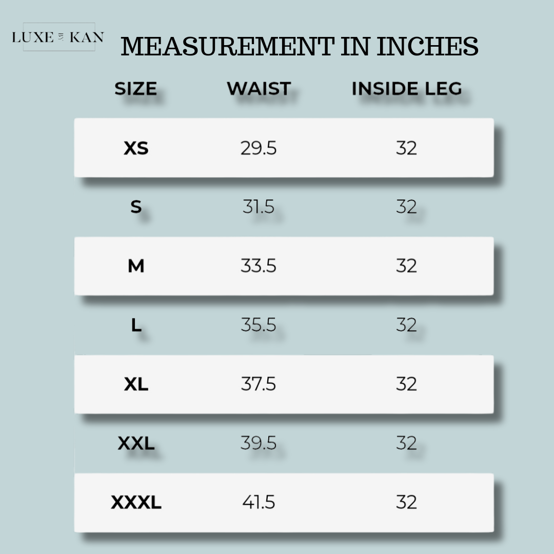 Size chart showing waist and inside leg measurements in inches: from XS (29.5") to XXXL (41.5"), with a consistent leg length of 32".