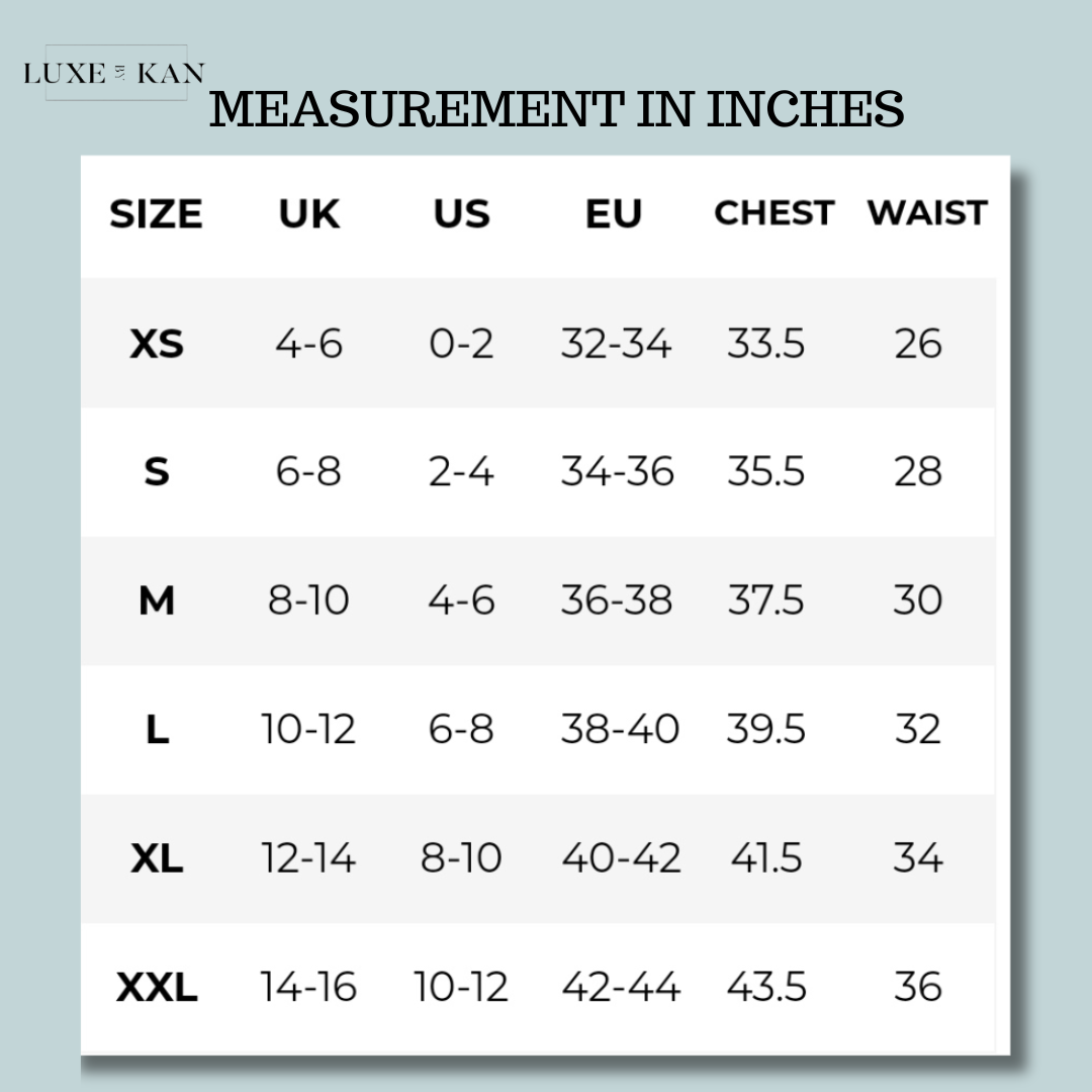 Size chart showing UK, US, EU sizes along with chest and waist measurements in inches.