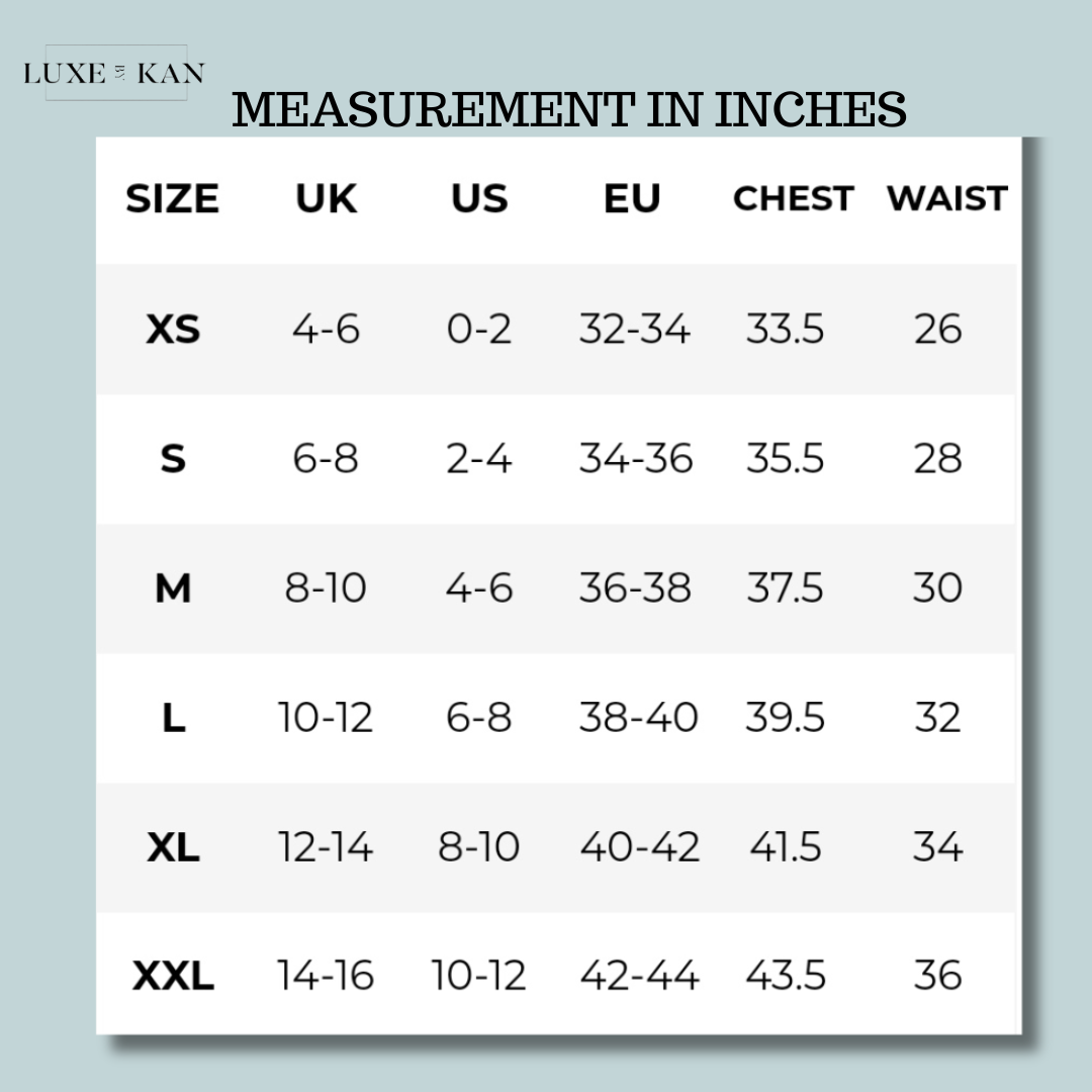 Size chart with UK, US, and EU measurements for XS to XXL, listing chest and waist sizes in inches.