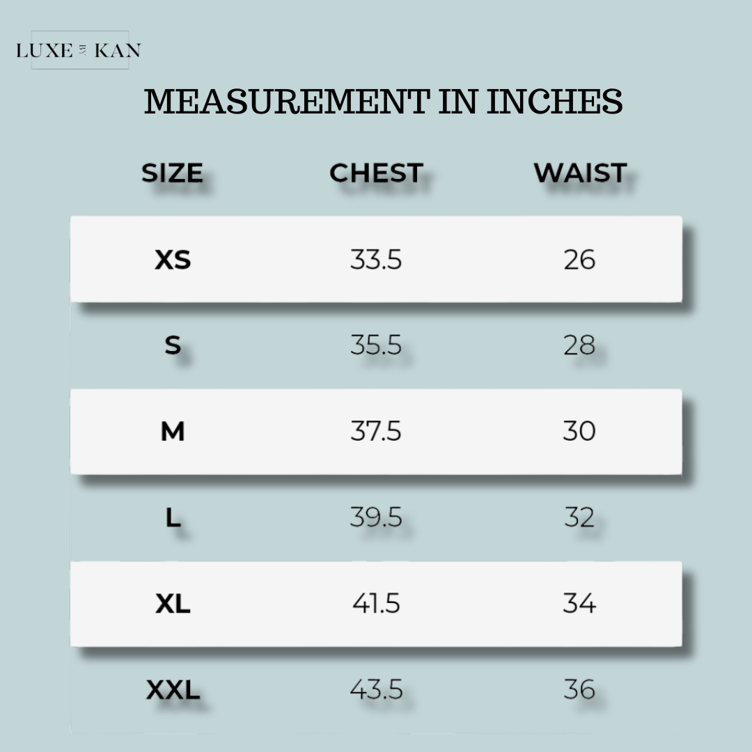Size chart showing chest and waist measurements for various sizes from XS to XXL.