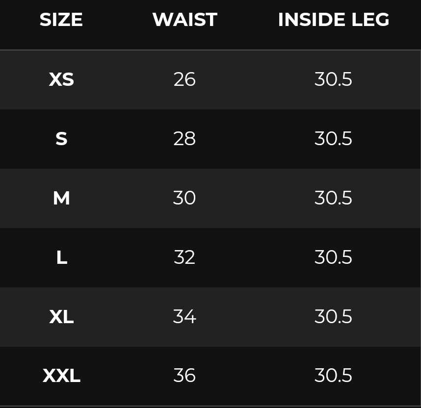 Size chart showing waist and inside leg measurements for XS to XXL.
