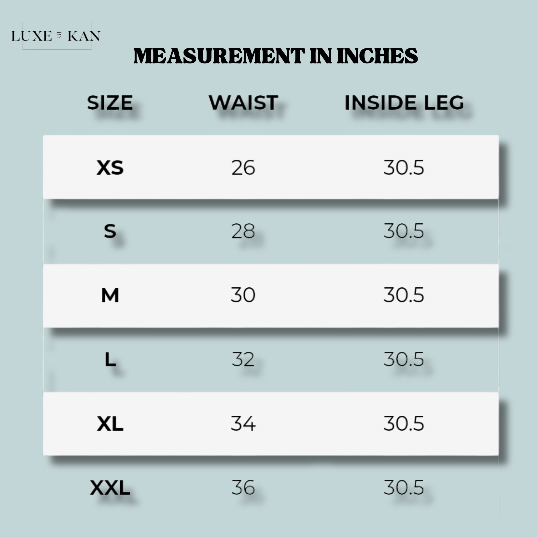 Size chart showing waist and inside leg measurements for various sizes from XS to XXL.