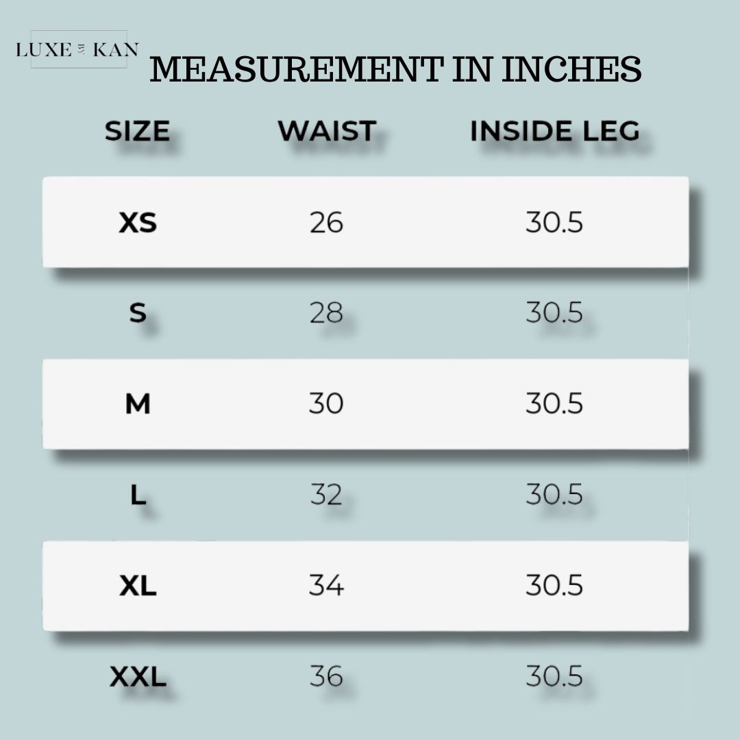Size chart showing waist and inside leg measurements for various sizes from XS to XXL.