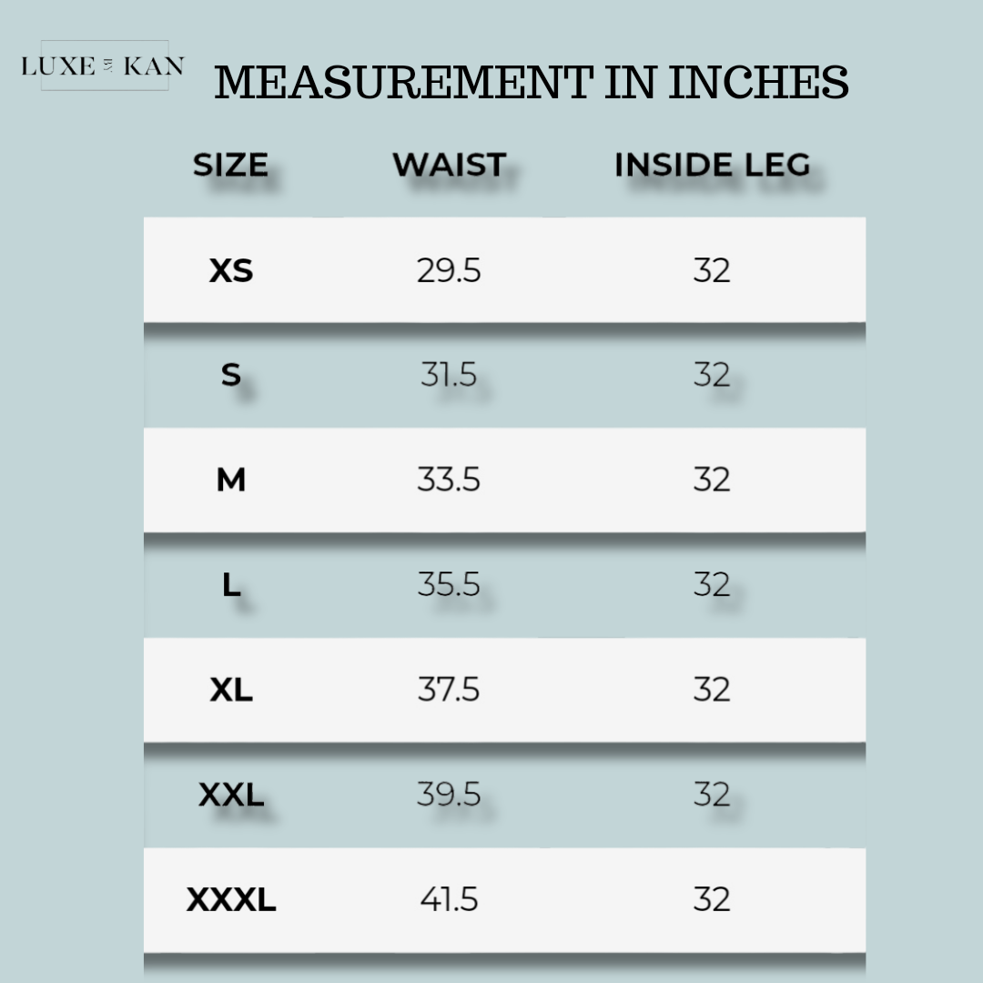 Size chart showing waist and inside leg measurements for various sizes from XS to XXXL.