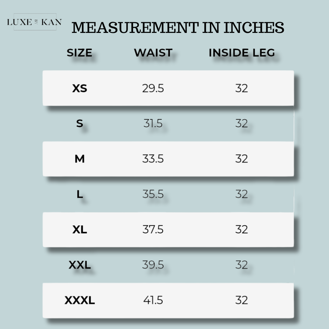 Size chart in inches, from extra small to triple extra large. Waist measurements range from 29.5 to 41.5 inches with an inside leg measurement of 32 inches for all sizes.