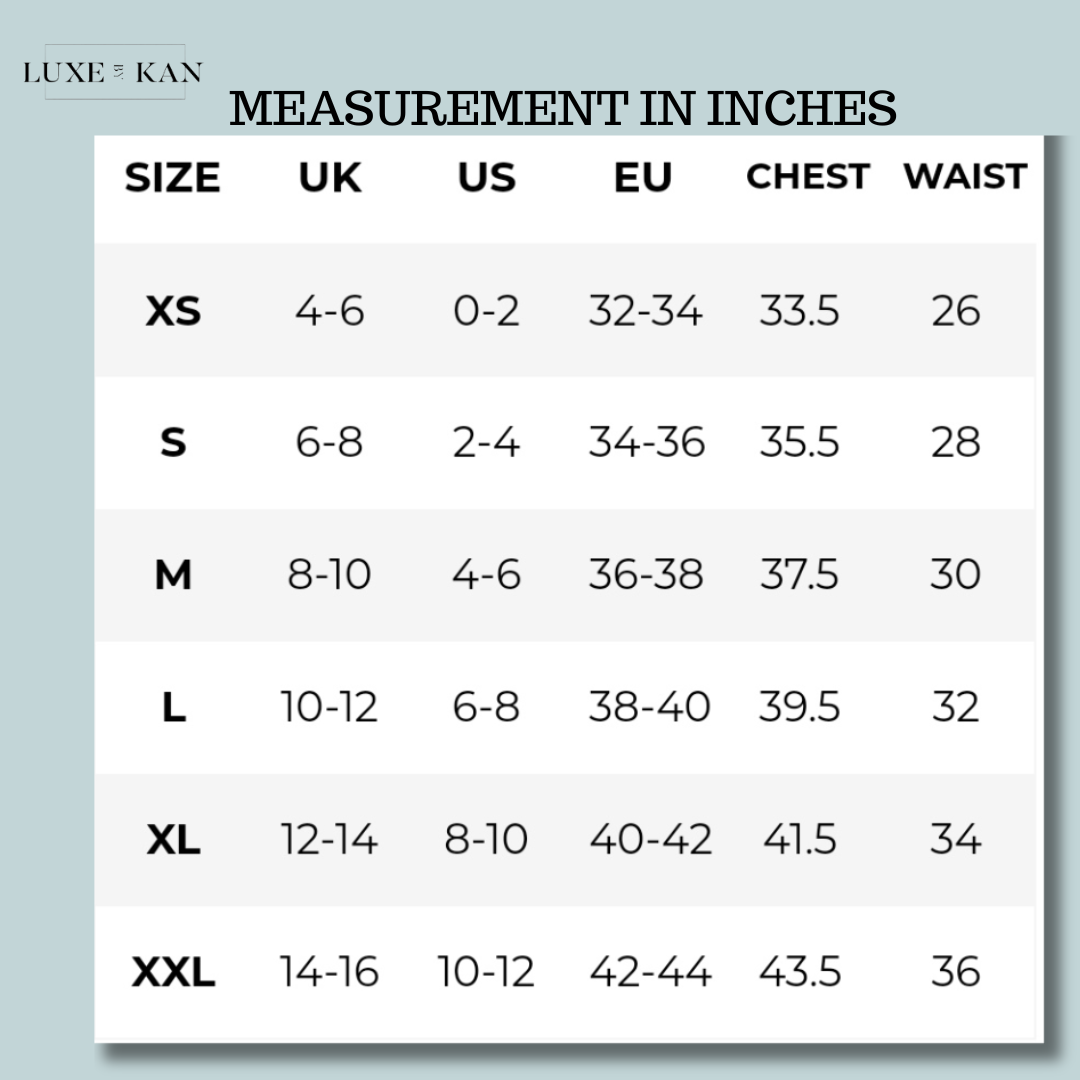 Size chart displaying clothing measurements in inches for XS to XXL, including UK, US, EU sizes, chest, and waist measurements.
