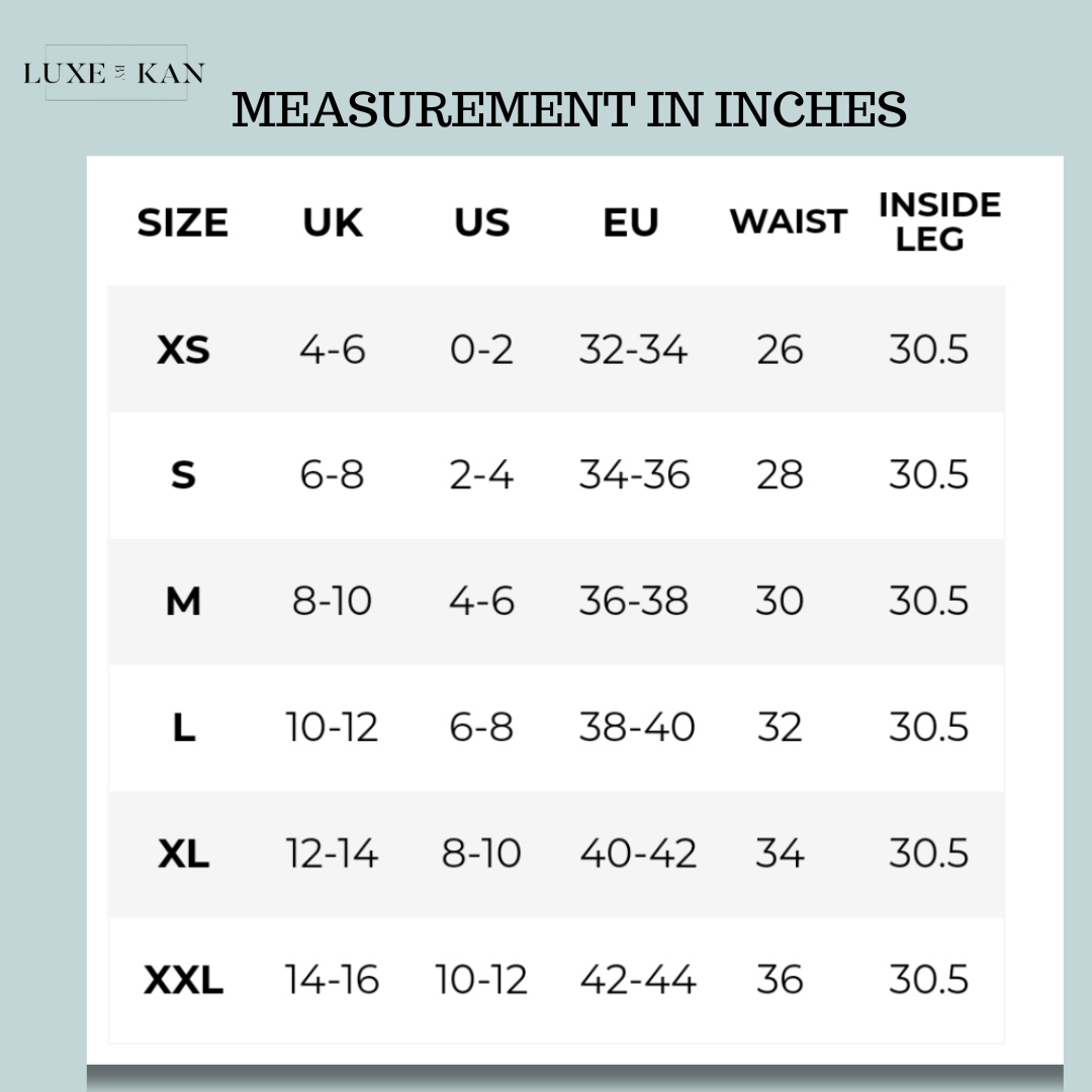 Size chart displaying UK, US, and EU sizing alongside waist and inside leg measurements in inches for XS to XXL.