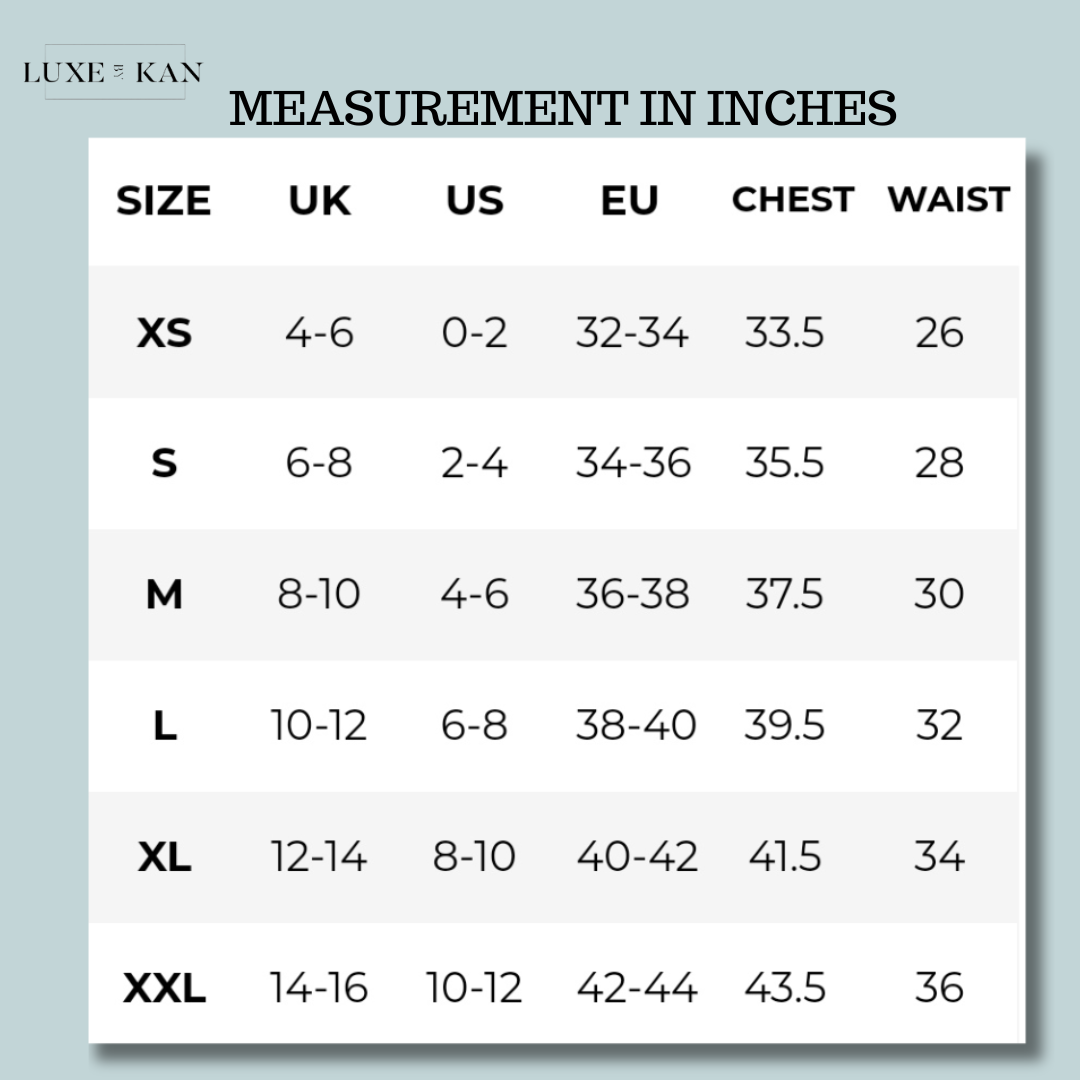 Size chart displaying UK, US, EU sizes alongside chest and waist measurements in inches for Luxe & Kan clothing.