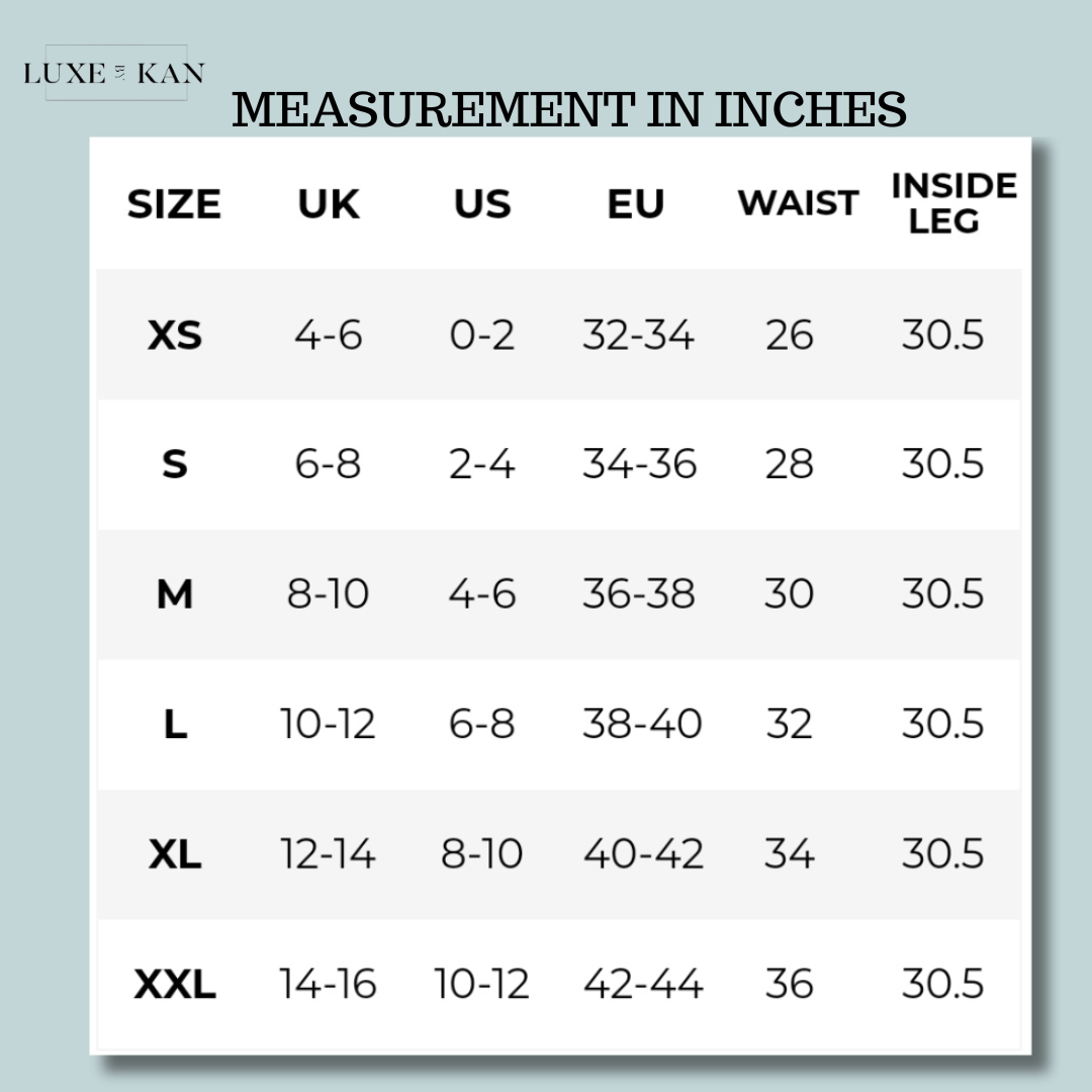 Size chart for clothing measurements in inches, listing XS to XXL with UK, US, EU sizes, waist, and inside leg measurements.