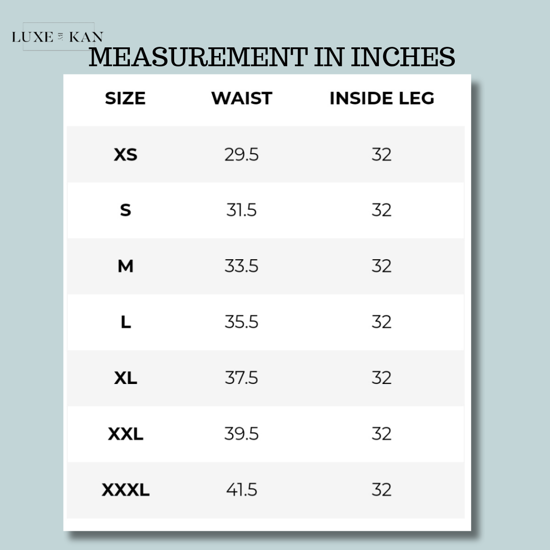 Size chart displaying waist and inside leg measurements in inches for XS to XXXL.