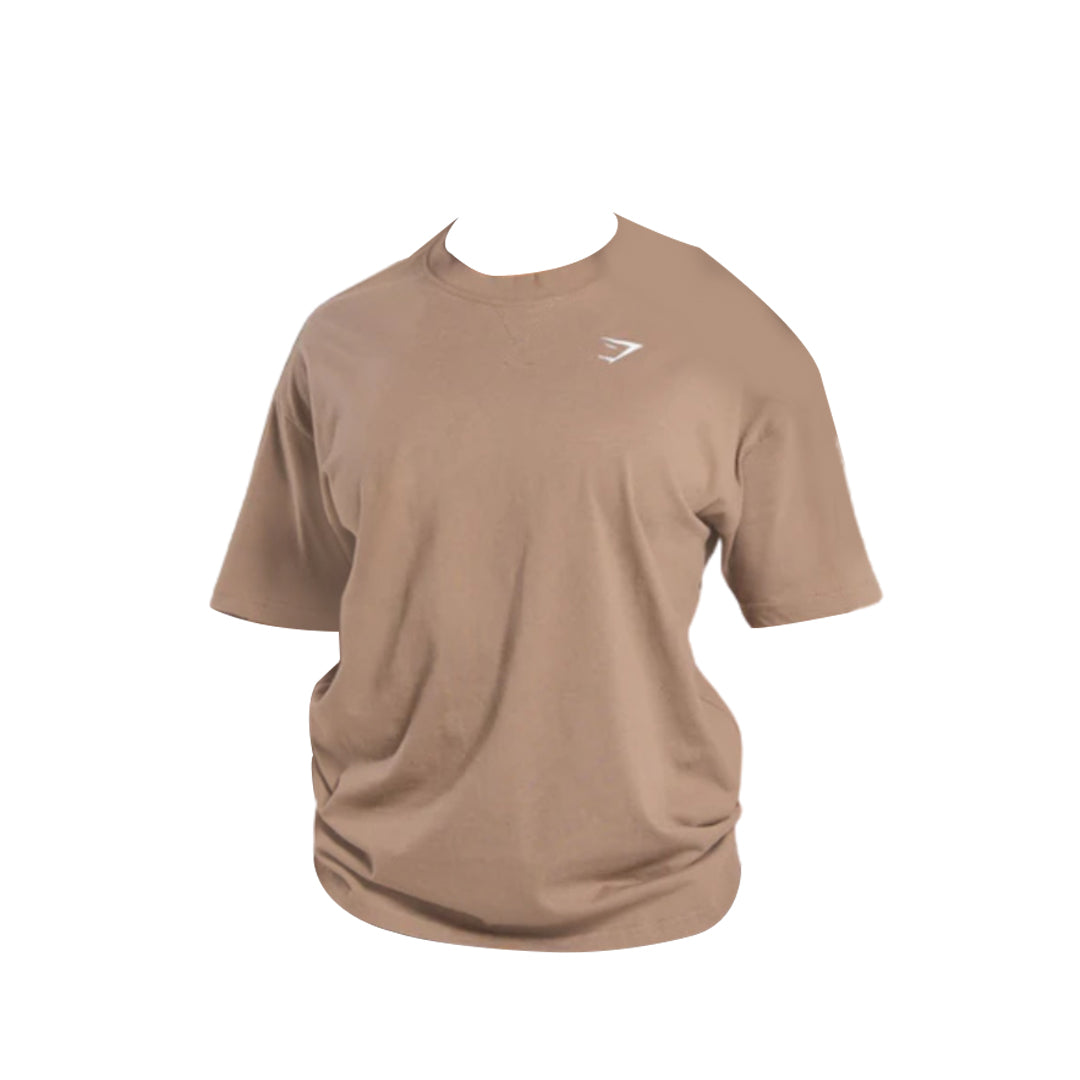 Light brown short-sleeve t-shirt featuring a small logo on the left chest area, designed for casual or athletic wear.