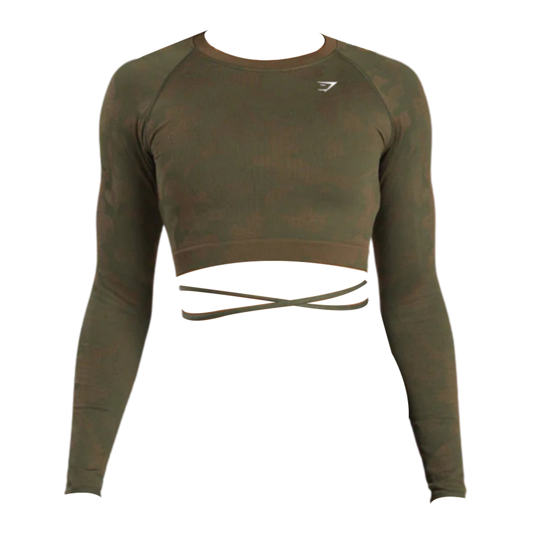 Olive green long-sleeve cropped workout top with a unique crossed hem and logo, perfect for active wear or gym sessions.