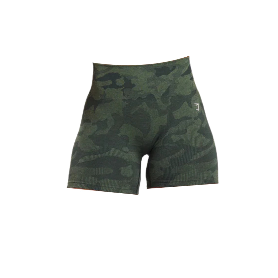 Gymshark Adapt Camo Seamless Shorts in a green camouflage pattern.