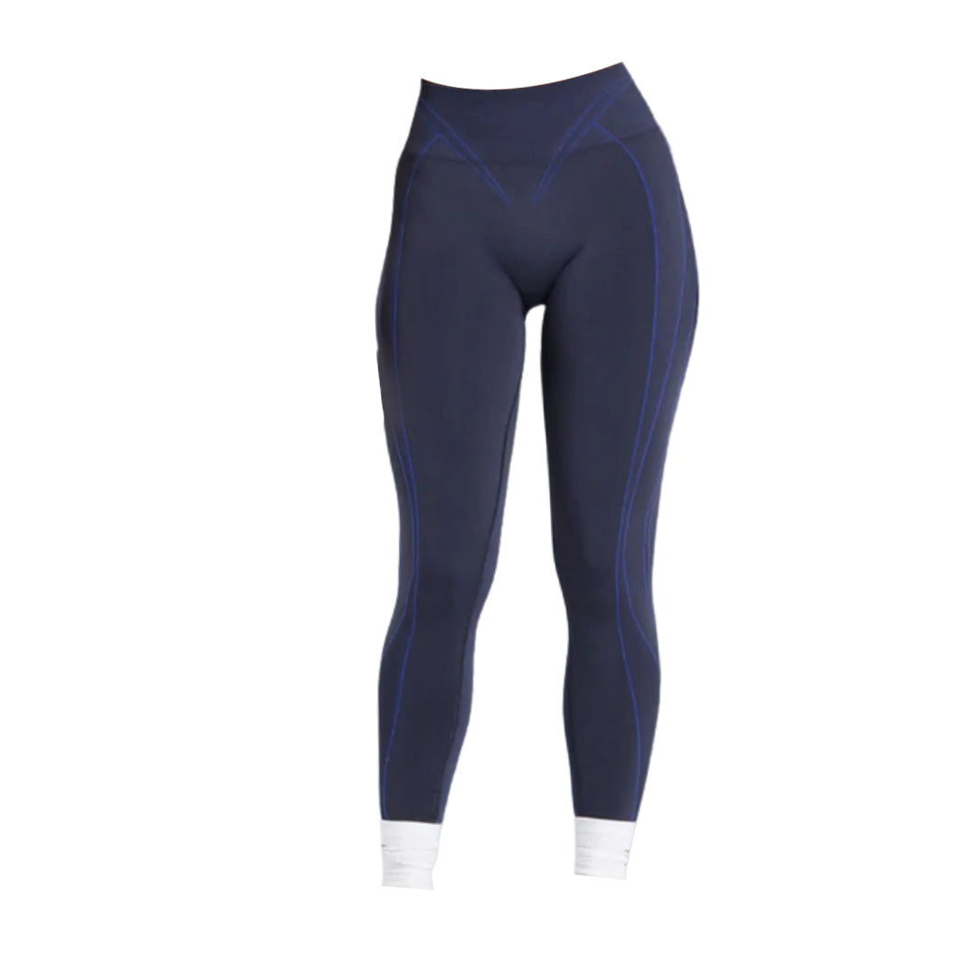 Gymshark navy Apex Contrast leggings with blue stitching, offering a stylish, fitted look for workouts or casual wear.