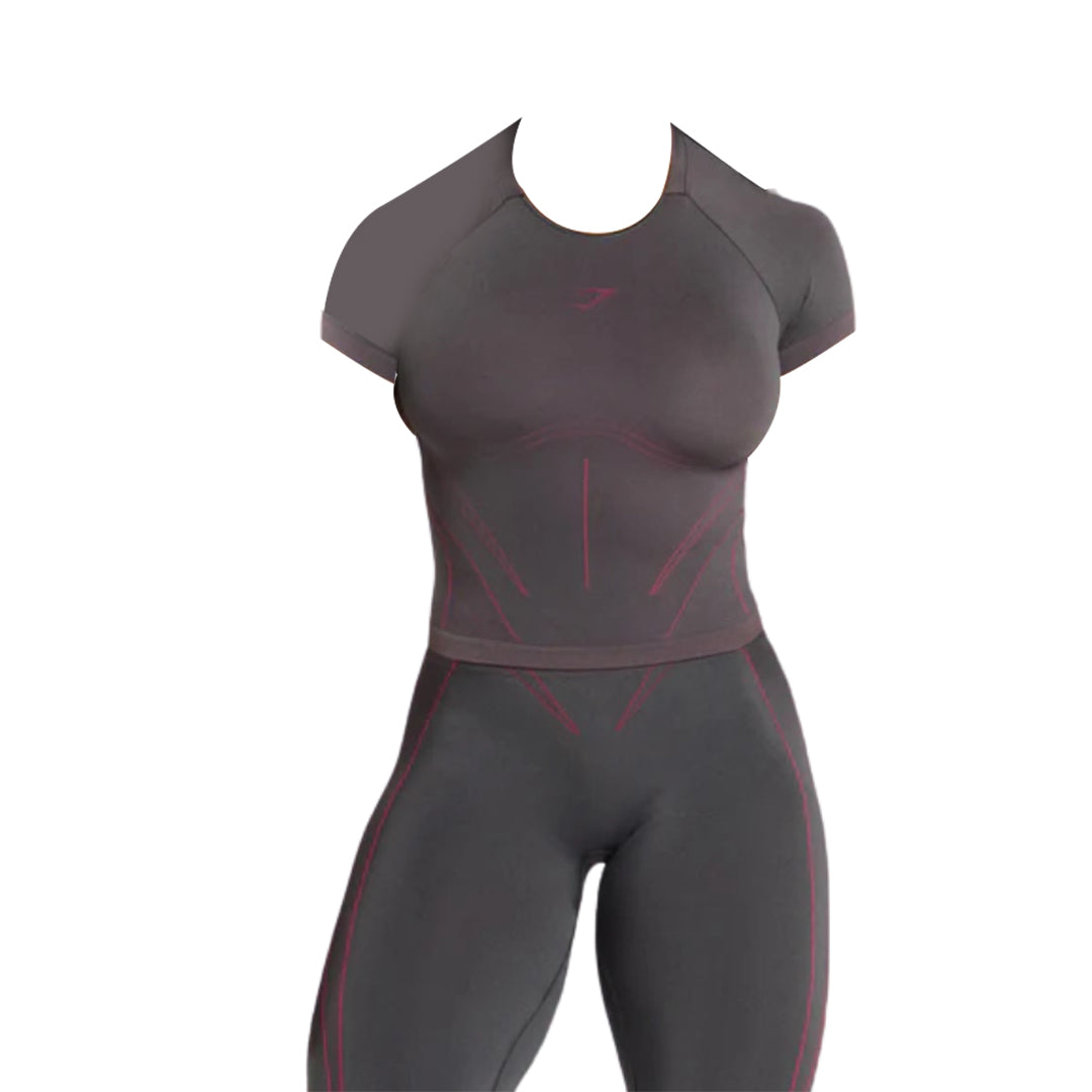A fitted gray athletic top with short sleeves and pink detailing, designed for sports and exercise, displayed without a model.