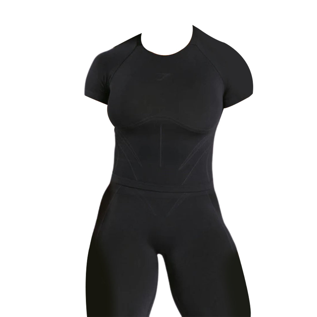 Black apex contrast t-shirt with a fitted design, featuring subtle seam detailing and a high neckline.