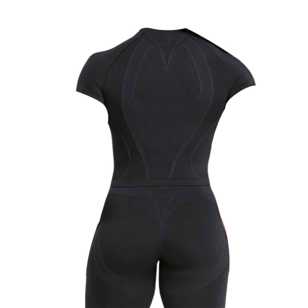 A black fitted athletic suit with short sleeves, showcasing a sleek design and form-fitting silhouette from the back.