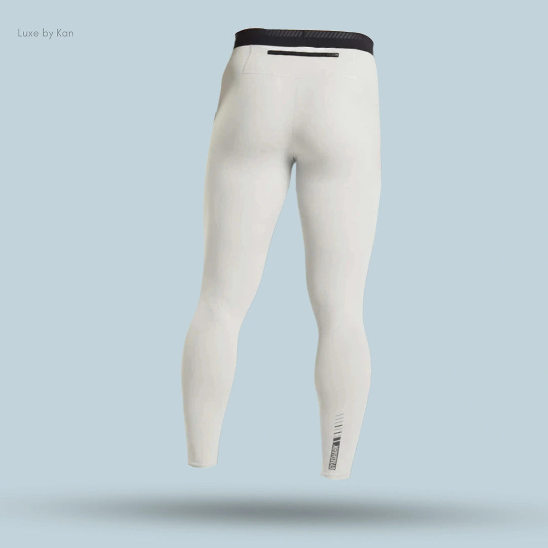 White Apex Run Tights in a compression fit, featuring a black waistband and a back pocket.