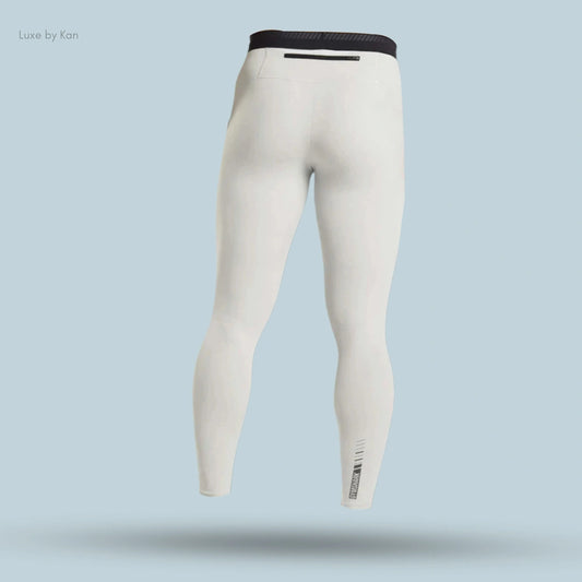 White Apex Run Tights in a compression fit, featuring a black waistband and a back pocket.