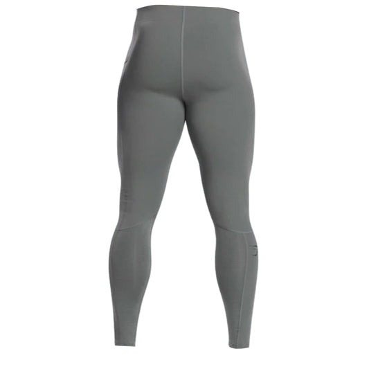 A pair of high-waisted, form-fitting gray leggings, designed for athletic wear, showcased from the back.