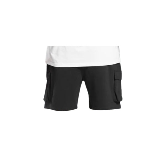 Gymshark black crest cargo shorts and a white t-shirt.