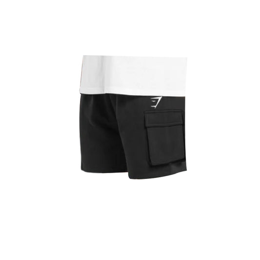 Black Gymshark slim-fit cargo shorts with a white stripe and logo detail.