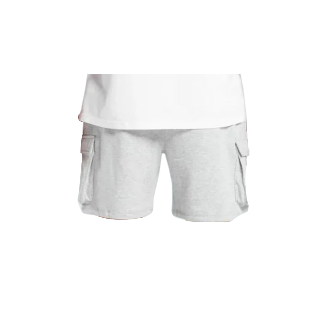 A pair of light grey slim fit cargo shorts with visible pockets on the side, paired with a white t-shirt.
