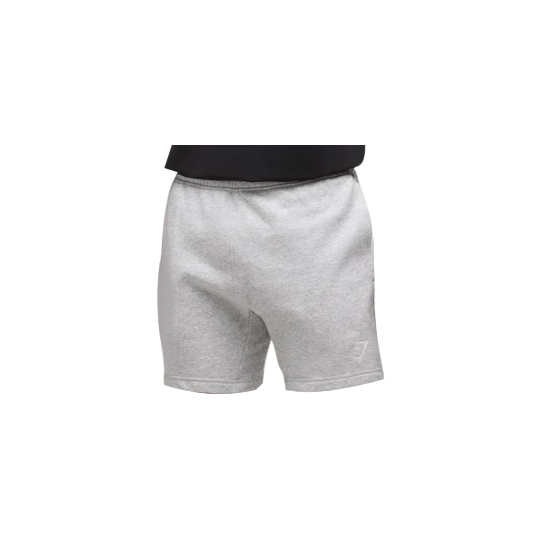 Gymshark men's crest shorts, slim fit, in gray with the Gymshark logo on the left leg.
