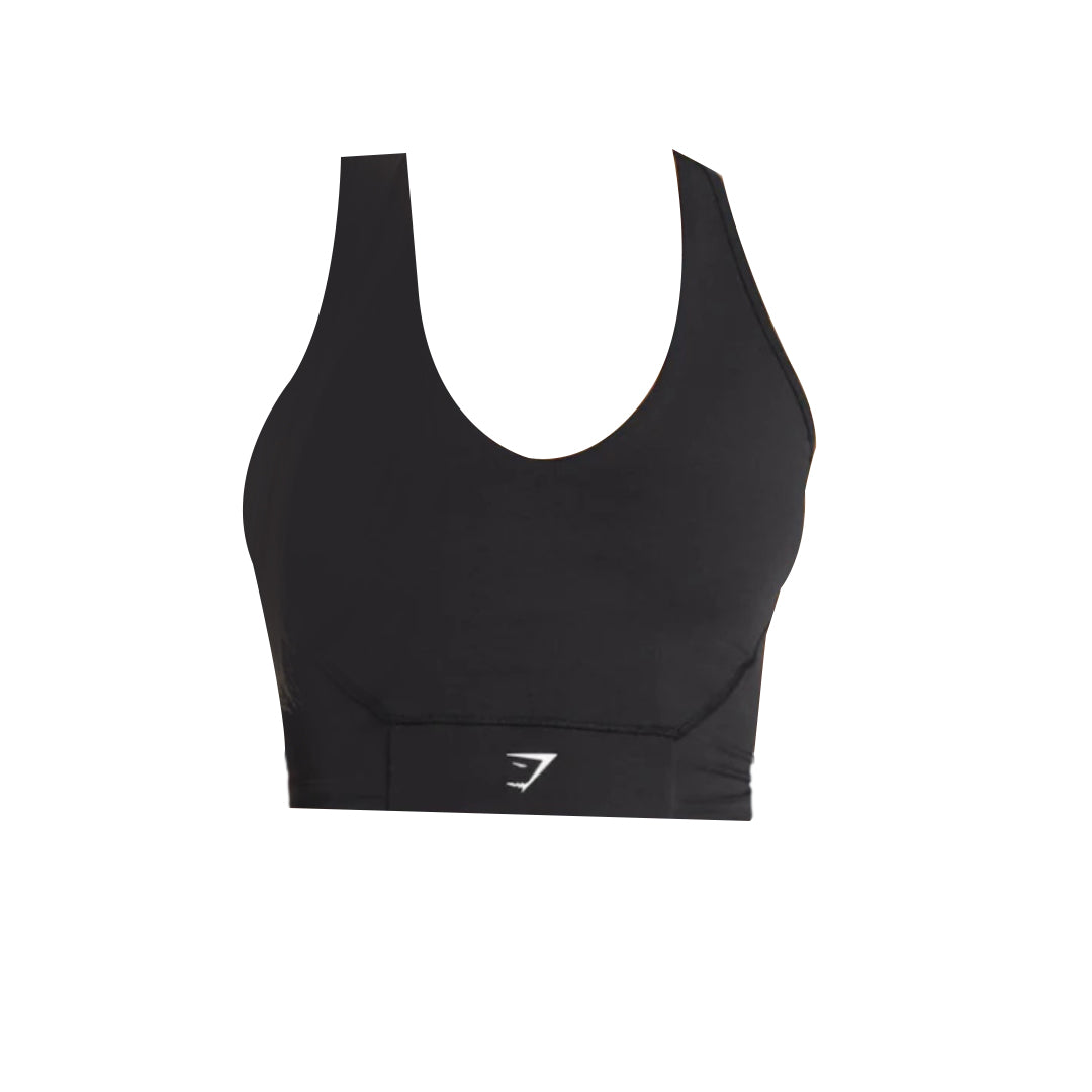 Black crop mesh tank bra with white logo on waistband.